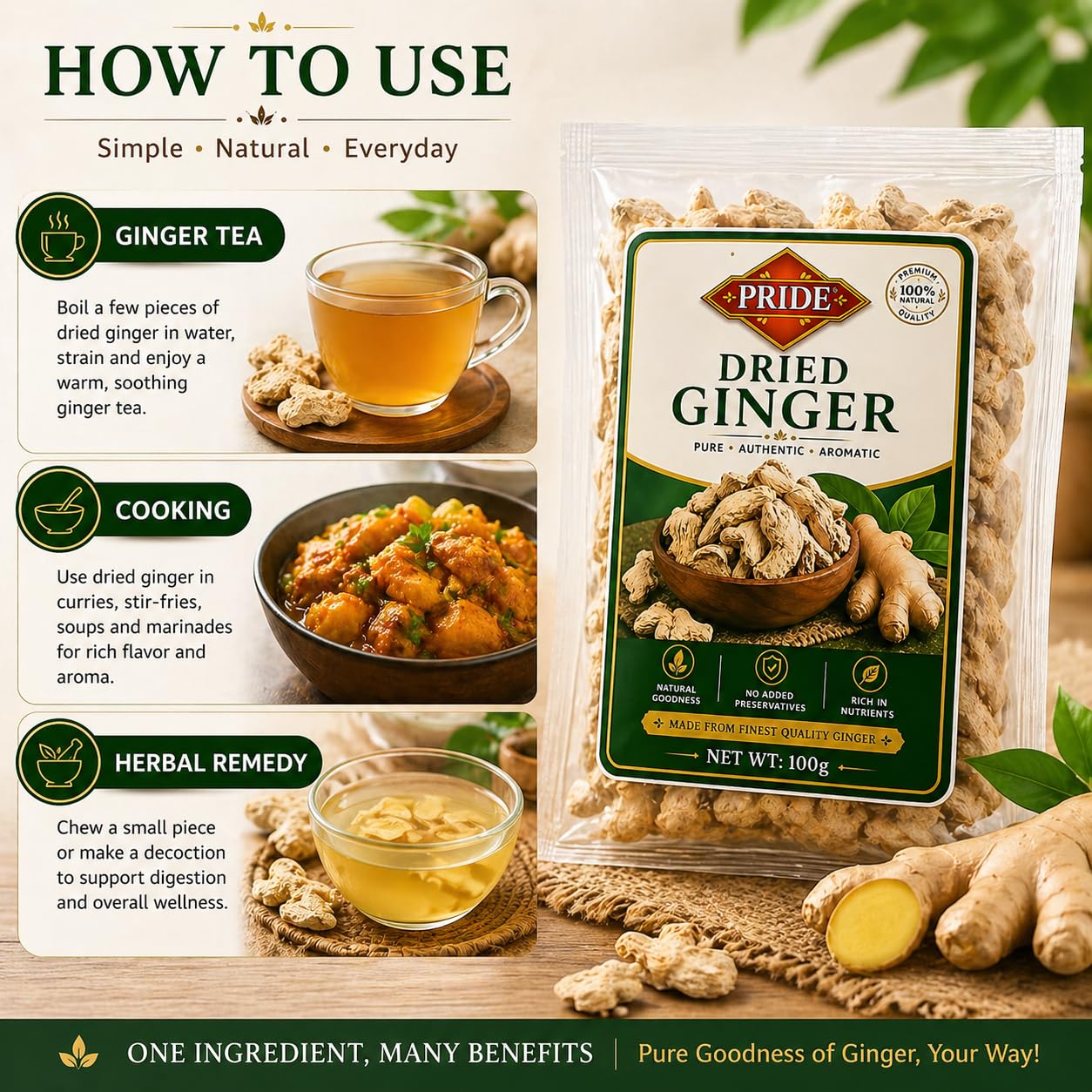 PRIDE Dried Ginger | 100% Natural Sukha Adrak | Premium Quality Dry Ginger Slices | No Preservatives | Strong Aroma | For Tea, Cooking & Herbal Use (150g)