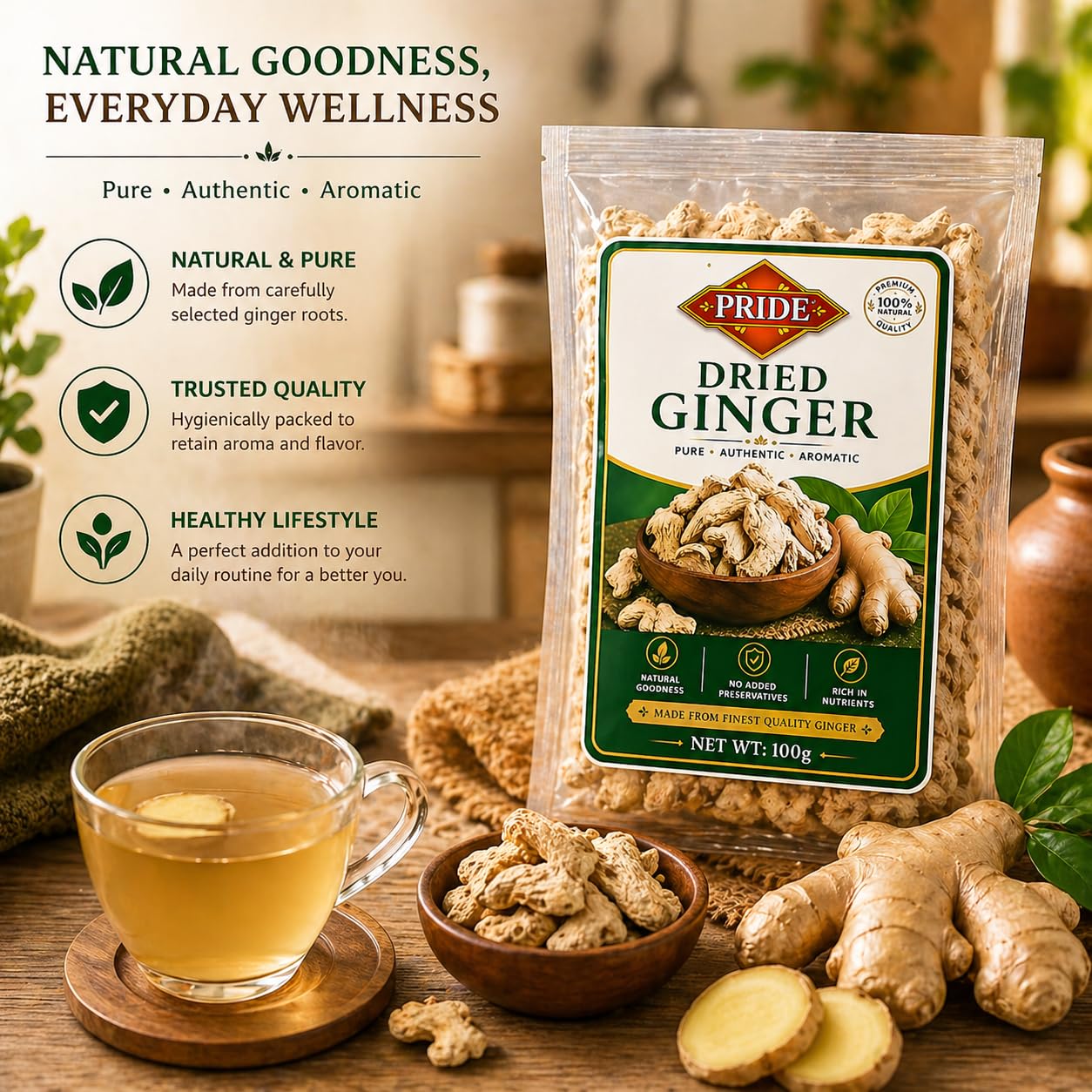 PRIDE Dried Ginger | 100% Natural Sukha Adrak | Premium Quality Dry Ginger Slices | No Preservatives | Strong Aroma | For Tea, Cooking & Herbal Use (200g)