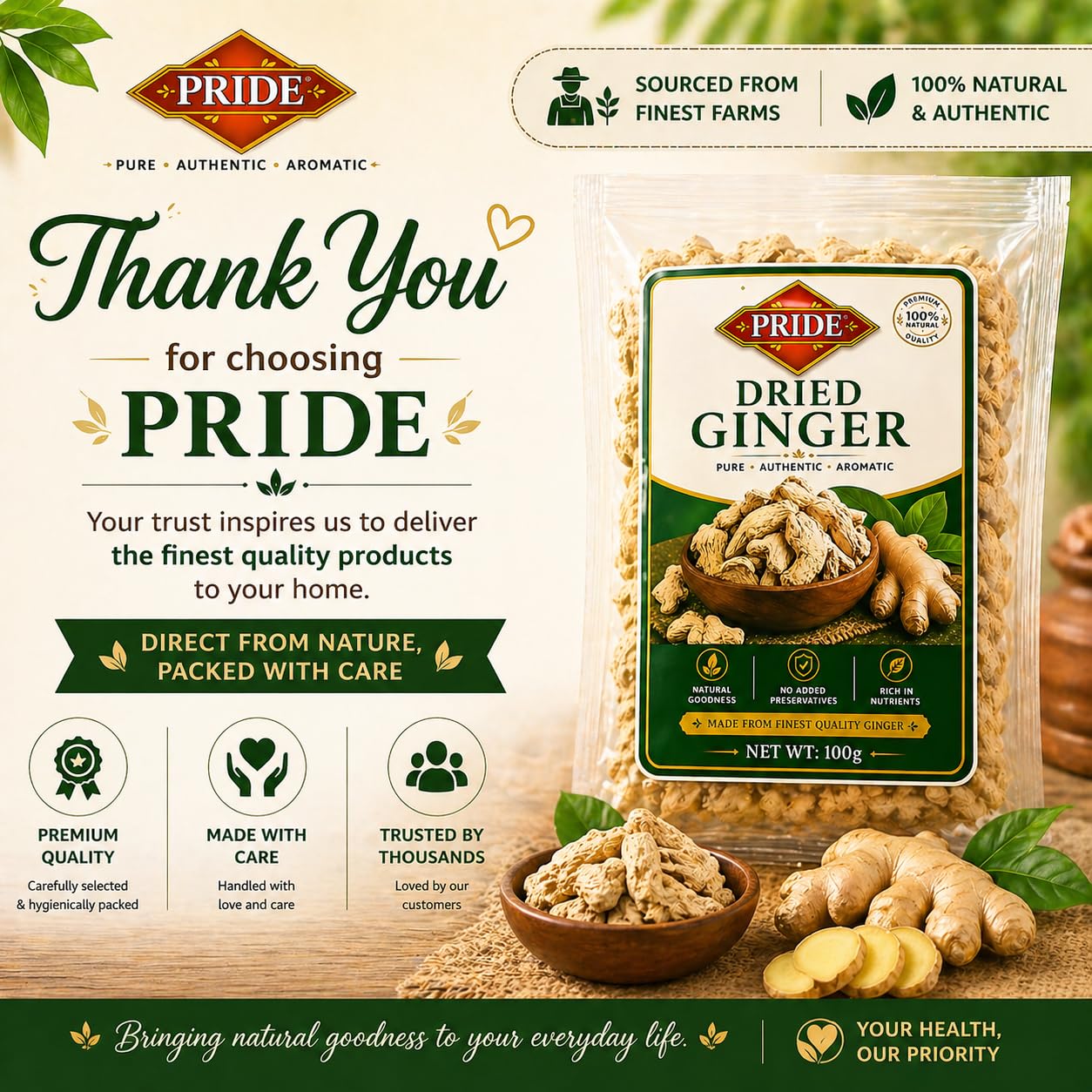 PRIDE Dried Ginger | 100% Natural Sukha Adrak | Premium Quality Dry Ginger Slices | No Preservatives | Strong Aroma | For Tea, Cooking & Herbal Use (200g)