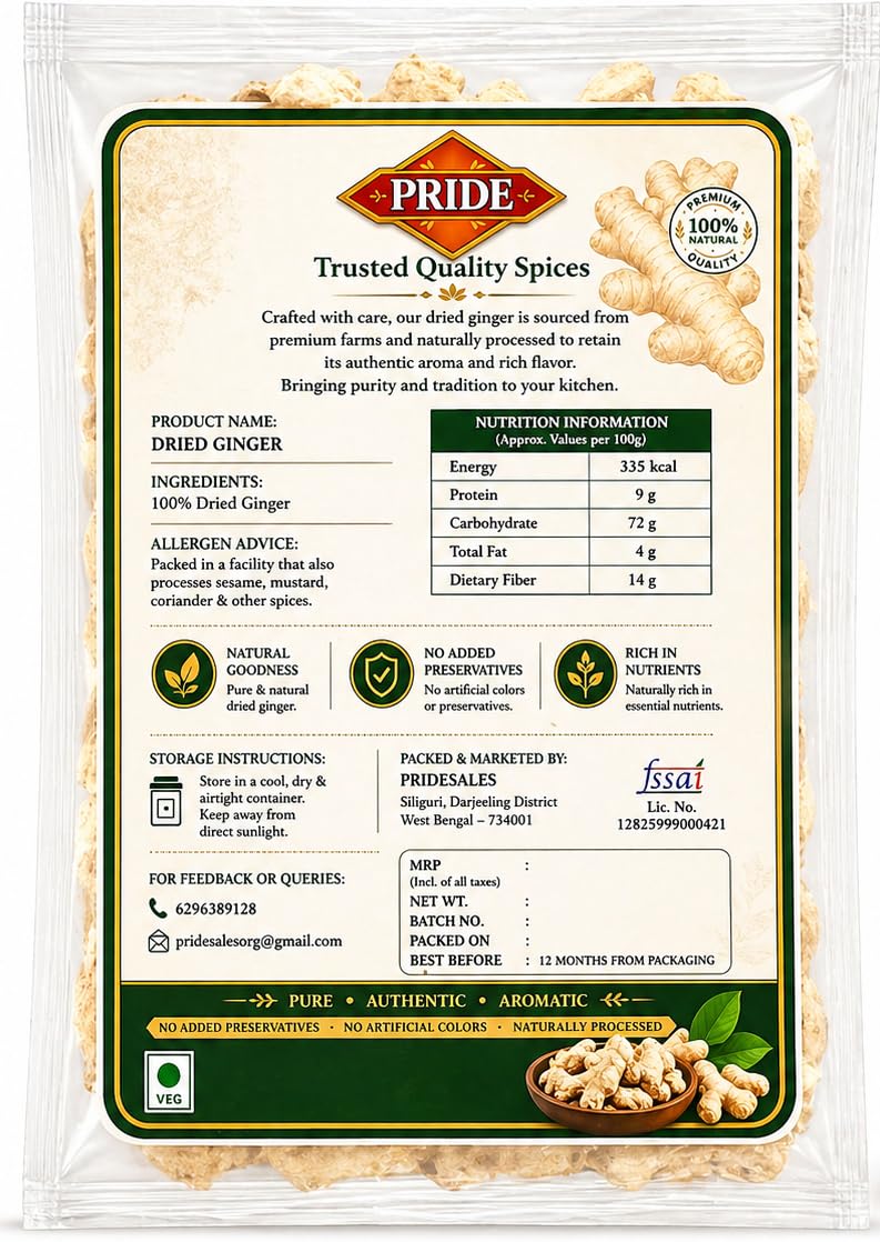 PRIDE Dried Ginger | 100% Natural Sukha Adrak | Premium Quality Dry Ginger Slices | No Preservatives | Strong Aroma | For Tea, Cooking & Herbal Use (200g)