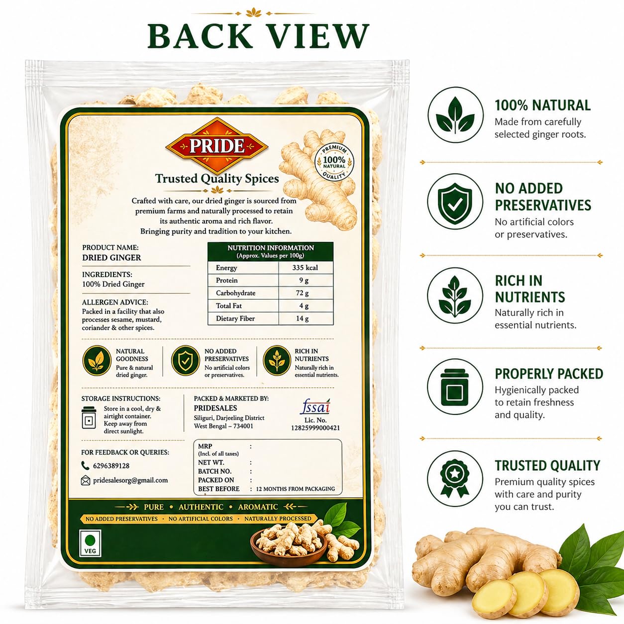 PRIDE Dried Ginger | 100% Natural Sukha Adrak | Premium Quality Dry Ginger Slices | No Preservatives | Strong Aroma | For Tea, Cooking & Herbal Use (200g)