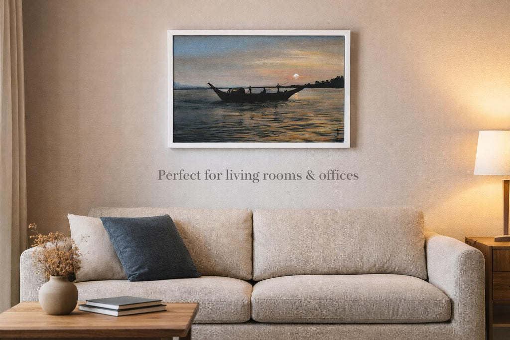 Hand-Painted Sunset River Boat Canvas Wall Art, Original Handmade Painting, 12 x 18 Inch, Premium Décor for Living Room, Bedroom and Office