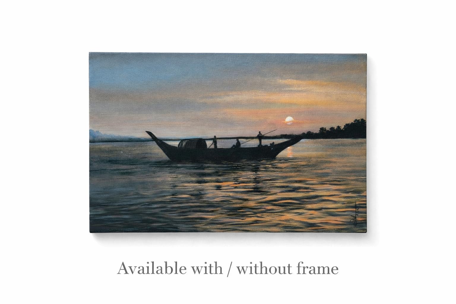 Hand-Painted Sunset River Boat Canvas Wall Art, Original Handmade Painting, 12 x 18 Inch, Premium Décor for Living Room, Bedroom and Office