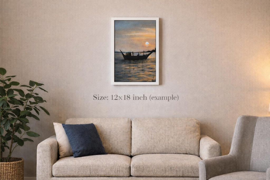 Hand-Painted Sunset River Boat Canvas Wall Art, Original Handmade Painting, 12 x 18 Inch, Premium Décor for Living Room, Bedroom and Office