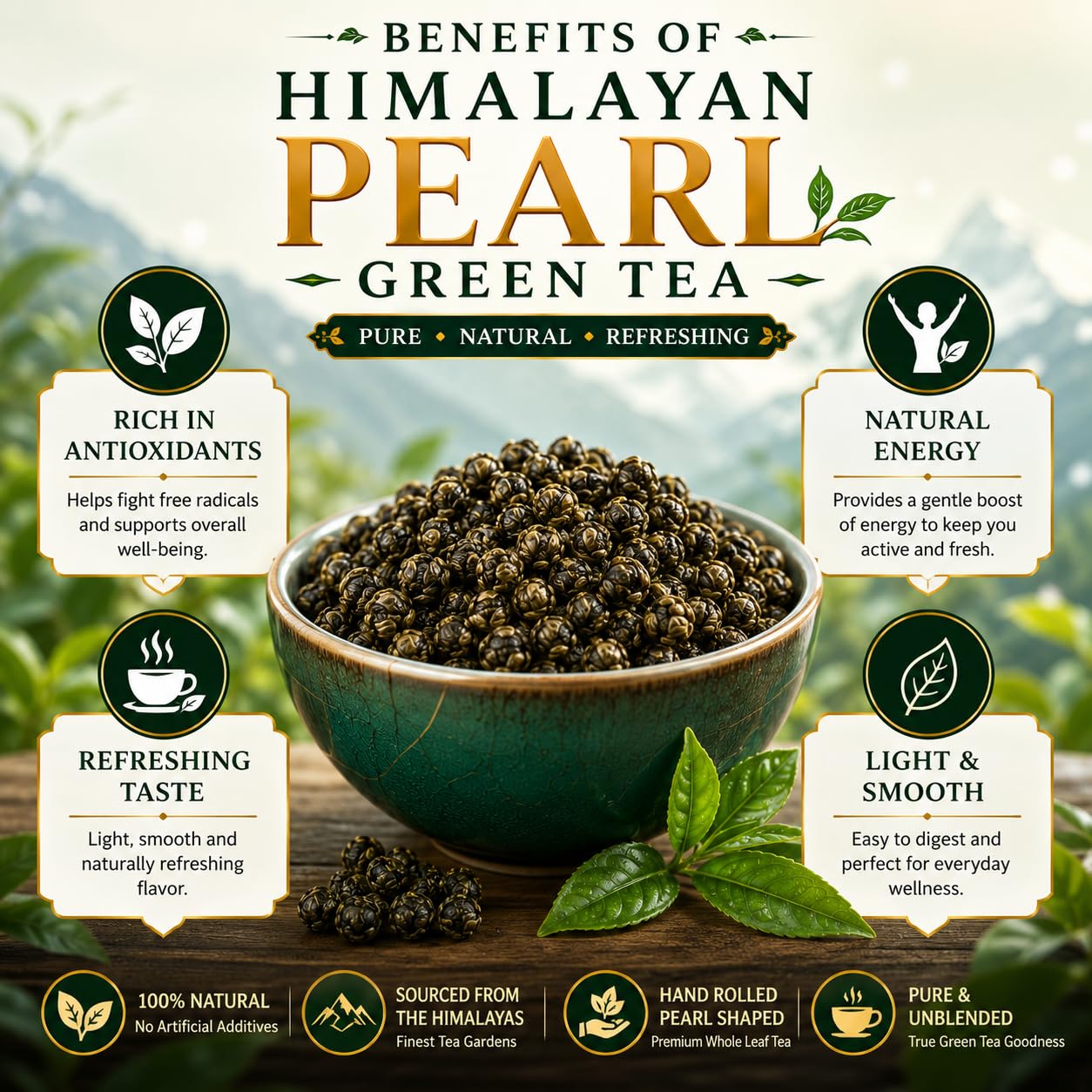 Pride Tea Himalayan Pearl Green Tea | Hand Rolled Loose Leaf Tea (250g)