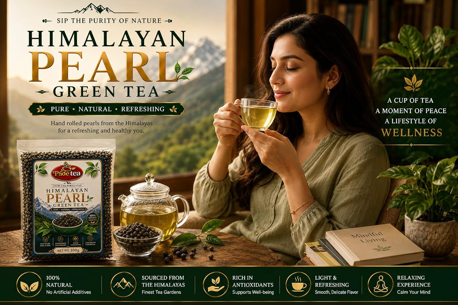 Pride Tea Himalayan Pearl Green Tea | Hand Rolled Loose Leaf Tea (250g)