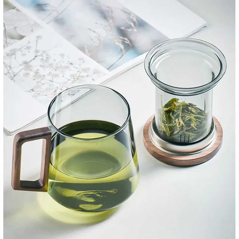 Luxury Glass Tea Mug with Infuser & Wooden Handle 🍵