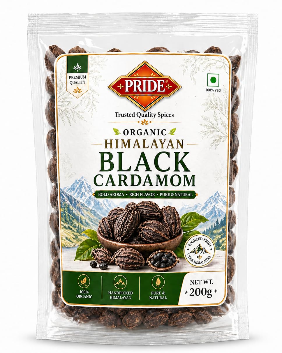 Pride Organic Himalayan Black Cardamom (Badi Elaichi) Whole | Premium Grade Handpicked Spice | Strong Aroma & Rich Flavor | Pure & Natural (200gms)