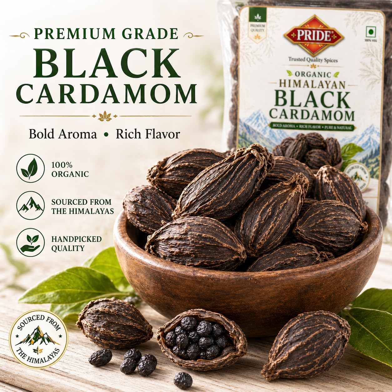 Pride Organic Himalayan Black Cardamom (Badi Elaichi) Whole | Premium Grade Handpicked Spice | Strong Aroma & Rich Flavor | Pure & Natural (100gms)