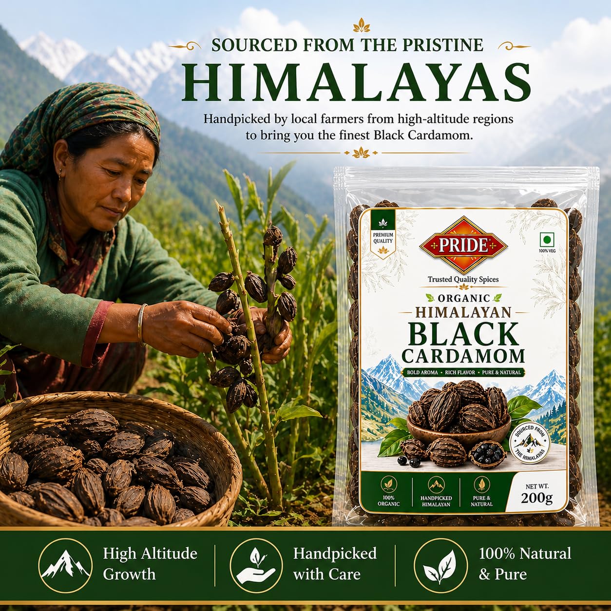 Pride Organic Himalayan Black Cardamom (Badi Elaichi) Whole | Premium Grade Handpicked Spice | Strong Aroma & Rich Flavor | Pure & Natural (200gms)