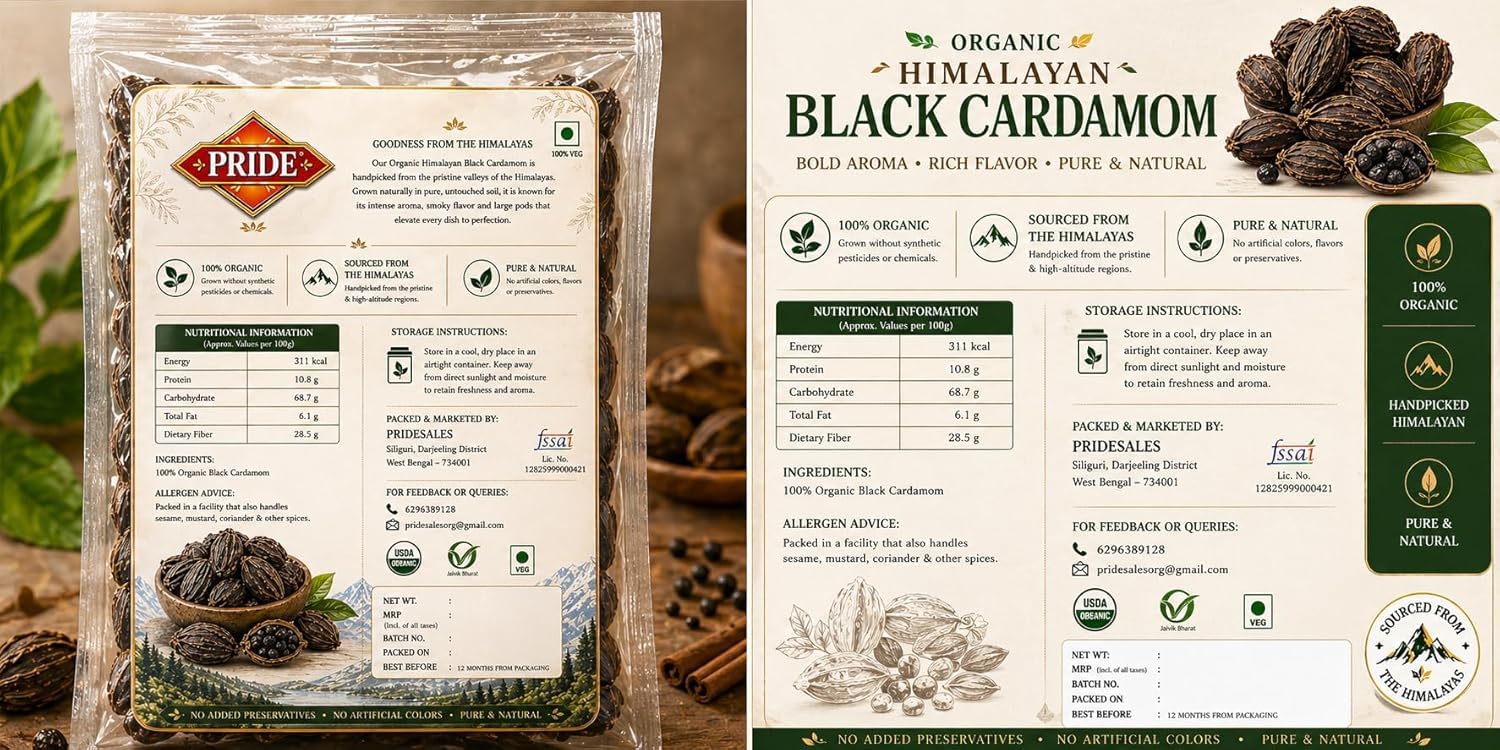 Pride Organic Himalayan Black Cardamom (Badi Elaichi) Whole | Premium Grade Handpicked Spice | Strong Aroma & Rich Flavor | Pure & Natural (100gms)
