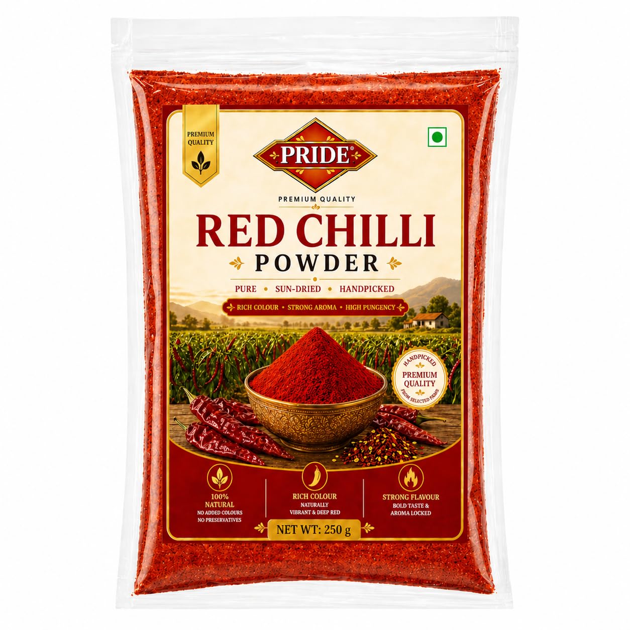 PRIDE Red Chilli Powder | 100% Pure & Natural Lal Mirch Powder | Strong Aroma, Rich Colour, High Pungency | No Added Colour & Preservatives | Premium Quality Spice (250g)