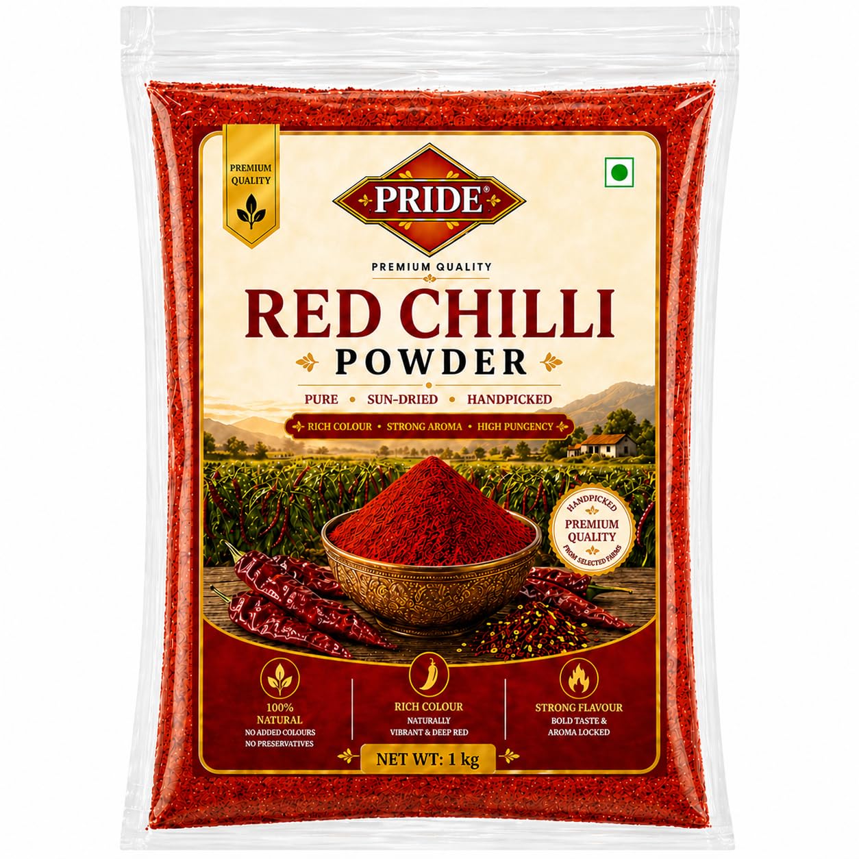 PRIDE Red Chilli Powder | 100% Pure & Natural Lal Mirch Powder | Strong Aroma, Rich Colour, High Pungency | No Added Colour & Preservatives | Premium Quality Spice (1kg)