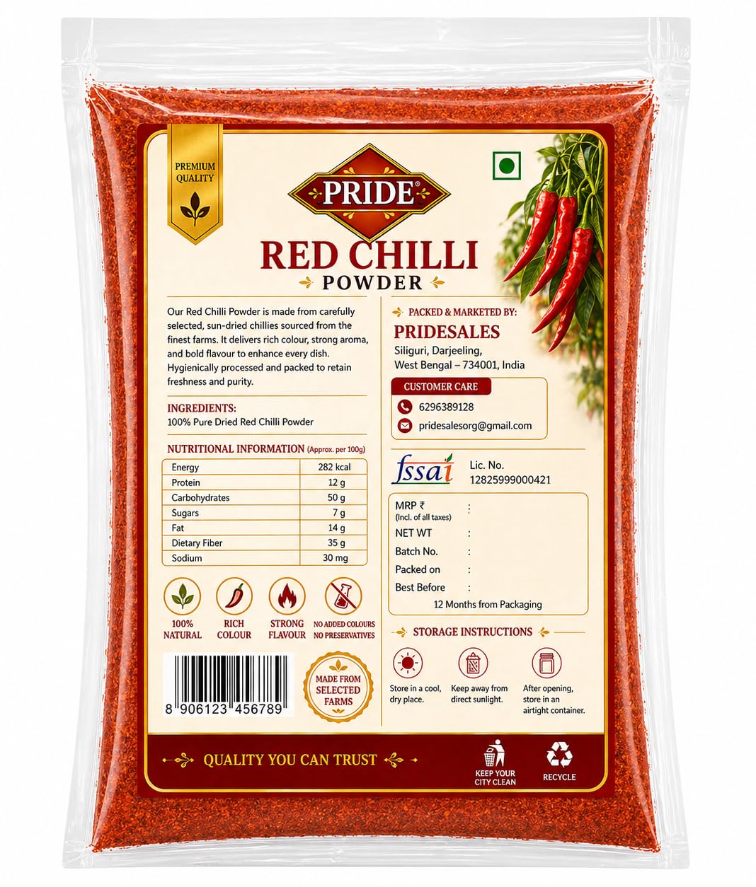 PRIDE Red Chilli Powder | 100% Pure & Natural Lal Mirch Powder | Strong Aroma, Rich Colour, High Pungency | No Added Colour & Preservatives | Premium Quality Spice (250g)