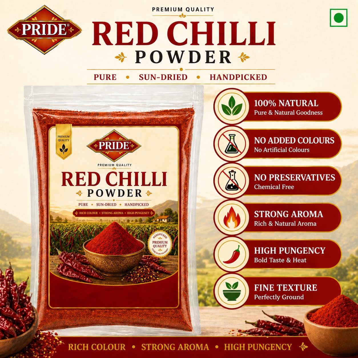 PRIDE Red Chilli Powder | 100% Pure & Natural Lal Mirch Powder | Strong Aroma, Rich Colour, High Pungency | No Added Colour & Preservatives | Premium Quality Spice (100g)