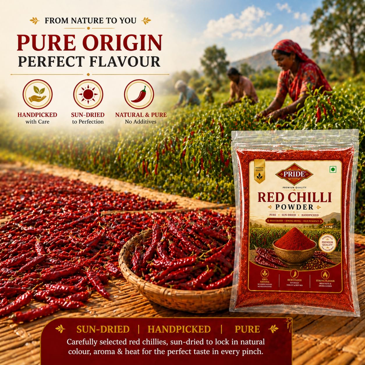 PRIDE Red Chilli Powder | 100% Pure & Natural Lal Mirch Powder | Strong Aroma, Rich Colour, High Pungency | No Added Colour & Preservatives | Premium Quality Spice (150g)