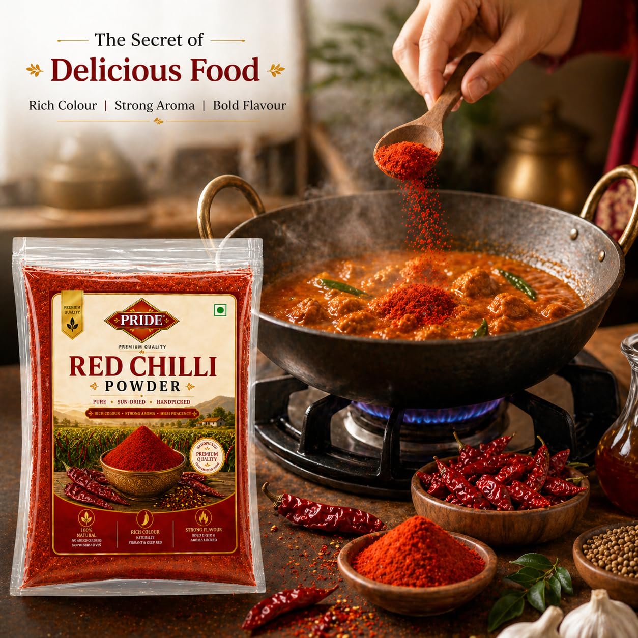 PRIDE Red Chilli Powder | 100% Pure & Natural Lal Mirch Powder | Strong Aroma, Rich Colour, High Pungency | No Added Colour & Preservatives | Premium Quality Spice (100g)