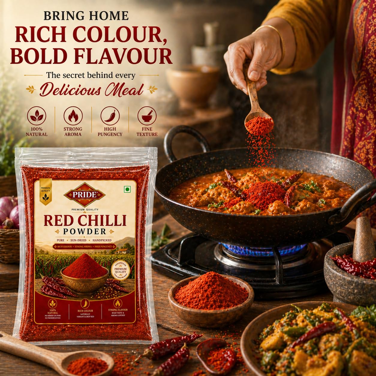 PRIDE Red Chilli Powder | 100% Pure & Natural Lal Mirch Powder | Strong Aroma, Rich Colour, High Pungency | No Added Colour & Preservatives | Premium Quality Spice (1kg)