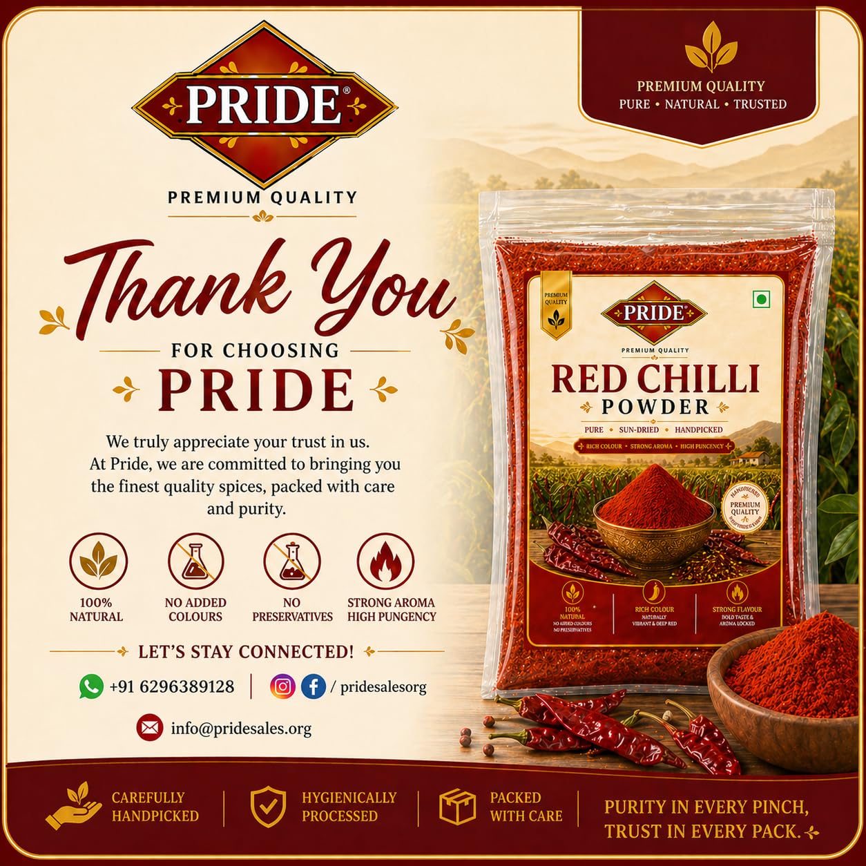PRIDE Red Chilli Powder | 100% Pure & Natural Lal Mirch Powder | Strong Aroma, Rich Colour, High Pungency | No Added Colour & Preservatives | Premium Quality Spice (150g)