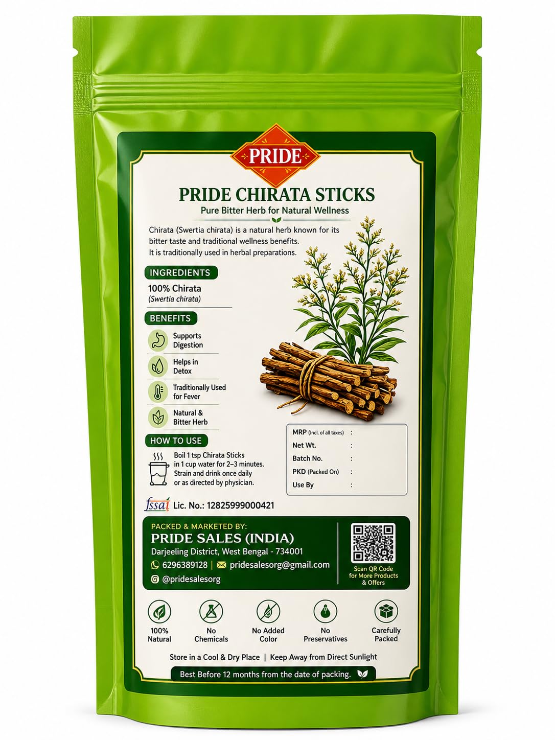 Pride Natural Chirota Sticks (Swertia Chirata) | 100% Pure & Handpicked Bitter Stick | Himalayan Ayurvedic Herb for Liver Care & Detox | Sun-Dried & Chemical-Free | 50g