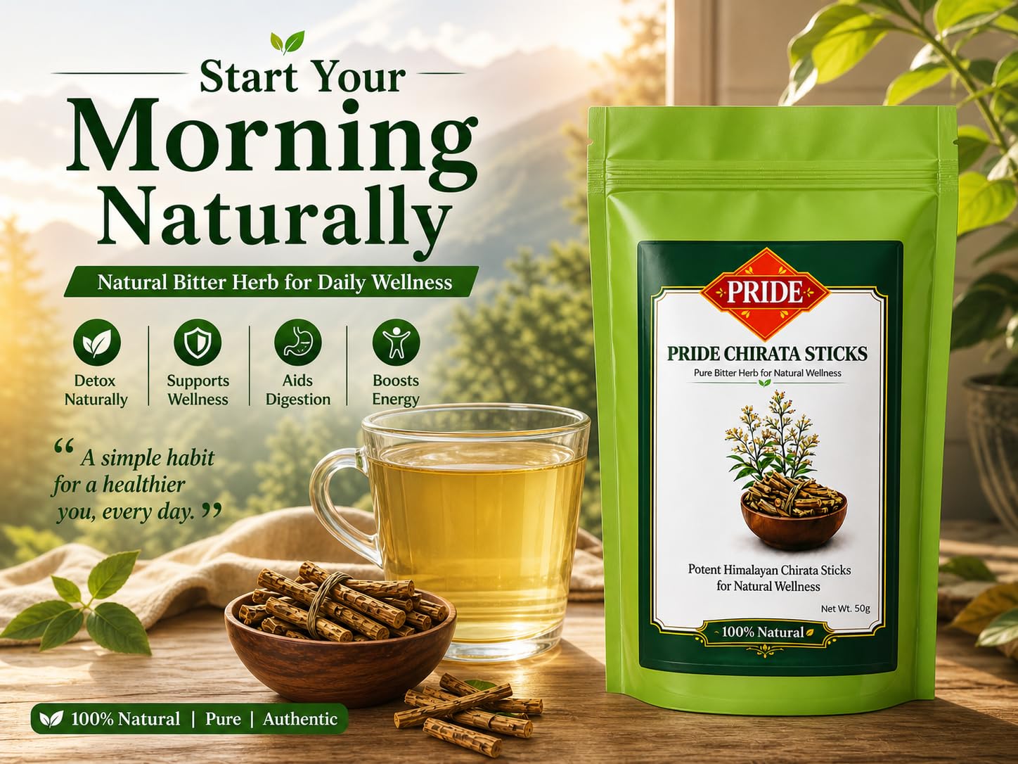Pride Natural Chirota Sticks (Swertia Chirata) | 100% Pure & Handpicked Bitter Stick | Himalayan Ayurvedic Herb for Liver Care & Detox | Sun-Dried & Chemical-Free | 50g