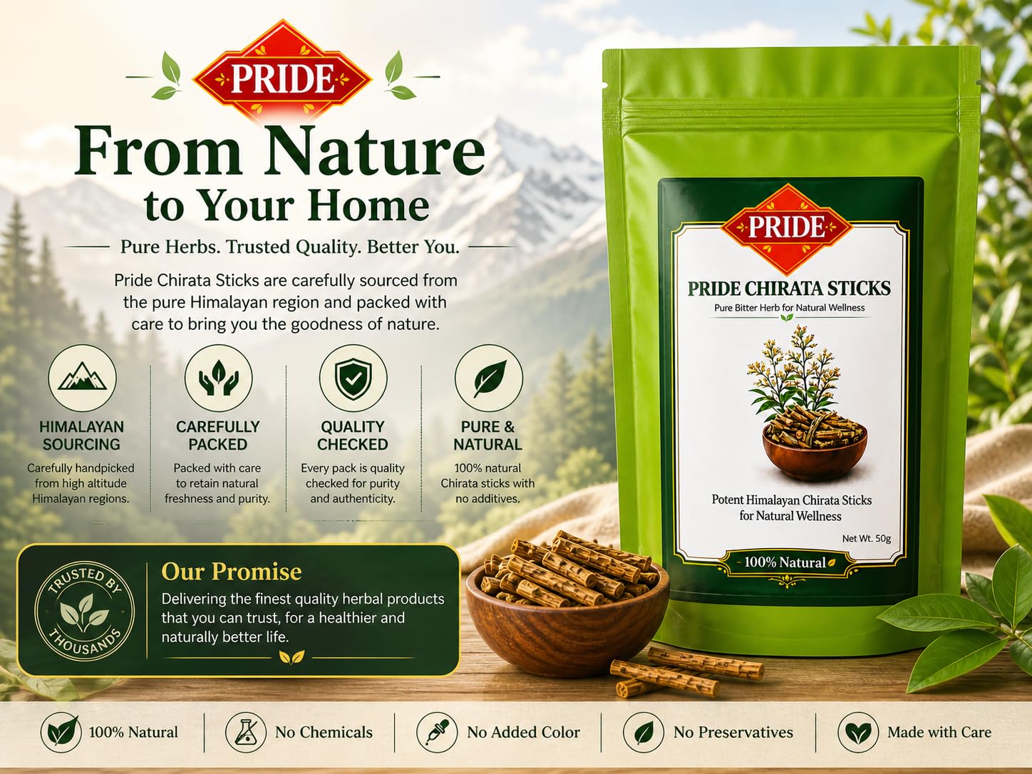 Pride Natural Chirota Sticks (Swertia Chirata) | 100% Pure & Handpicked Bitter Stick | Himalayan Ayurvedic Herb for Liver Care & Detox | Sun-Dried & Chemical-Free | 50g