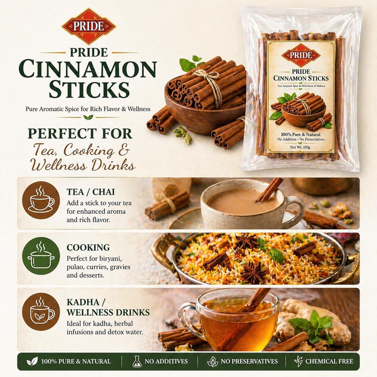 PRIDE Cinnamon Sticks (Dalchini) | Premium Quality Whole Cinnamon | Strong Aroma & Rich Flavor | 100% Pure & Natural | No Additives, No Preservatives | Ideal for Tea, Cooking & Wellness Drinks (100g)
