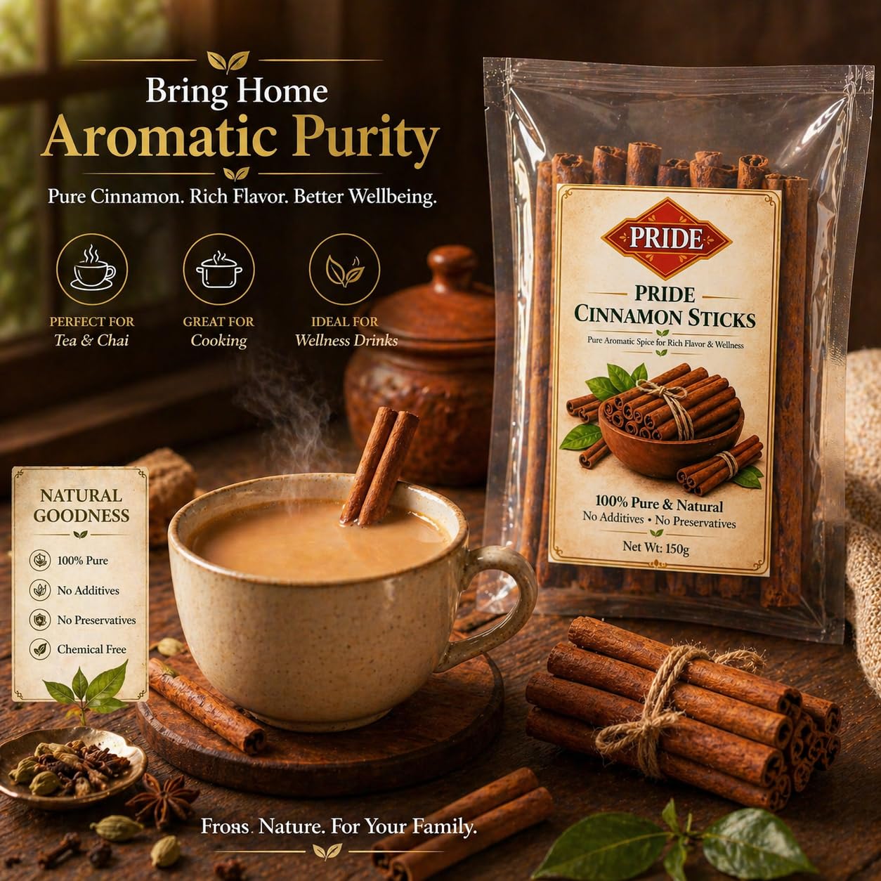 PRIDE Cinnamon Sticks (Dalchini) | Premium Quality Whole Cinnamon | Strong Aroma & Rich Flavor | 100% Pure & Natural | No Additives, No Preservatives | Ideal for Tea, Cooking & Wellness Drinks (150g)