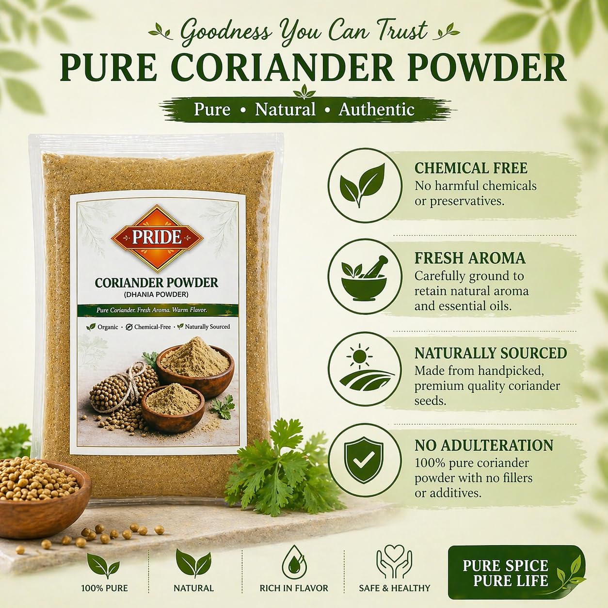 Pride Coriander Powder (Dhaniya Powder) | Pure & Natural | Fresh Aroma | Chemical-Free | Premium Quality Ground Coriander Masala for Cooking (150g)