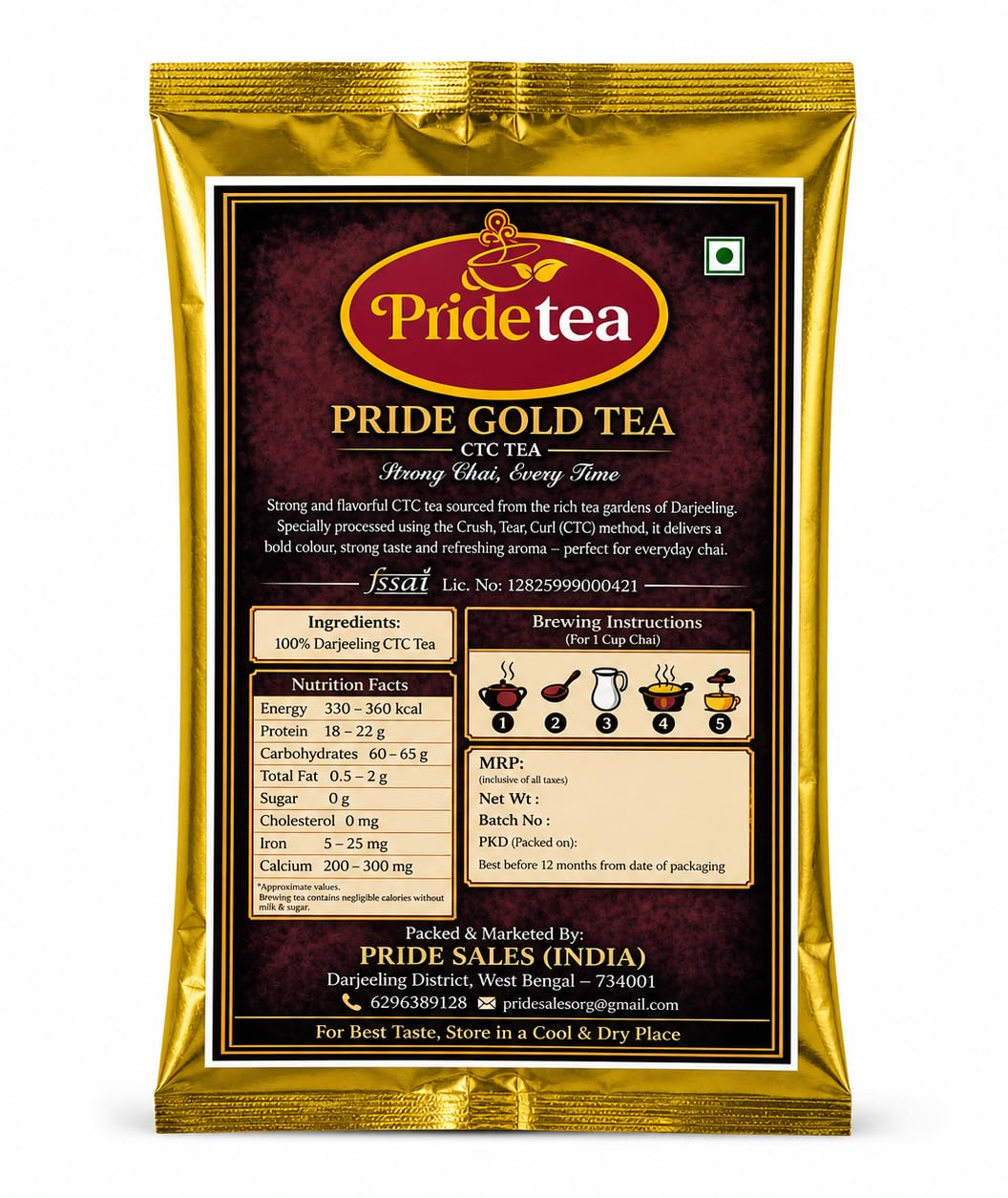 Pride Tea Gold CTC Tea – Strong, Aromatic, and Flavorful Darjeeling Blend – Ideal for Daily Chai with Rich Taste and Aroma – Gold CTC Granules Packed Fresh(250gm)