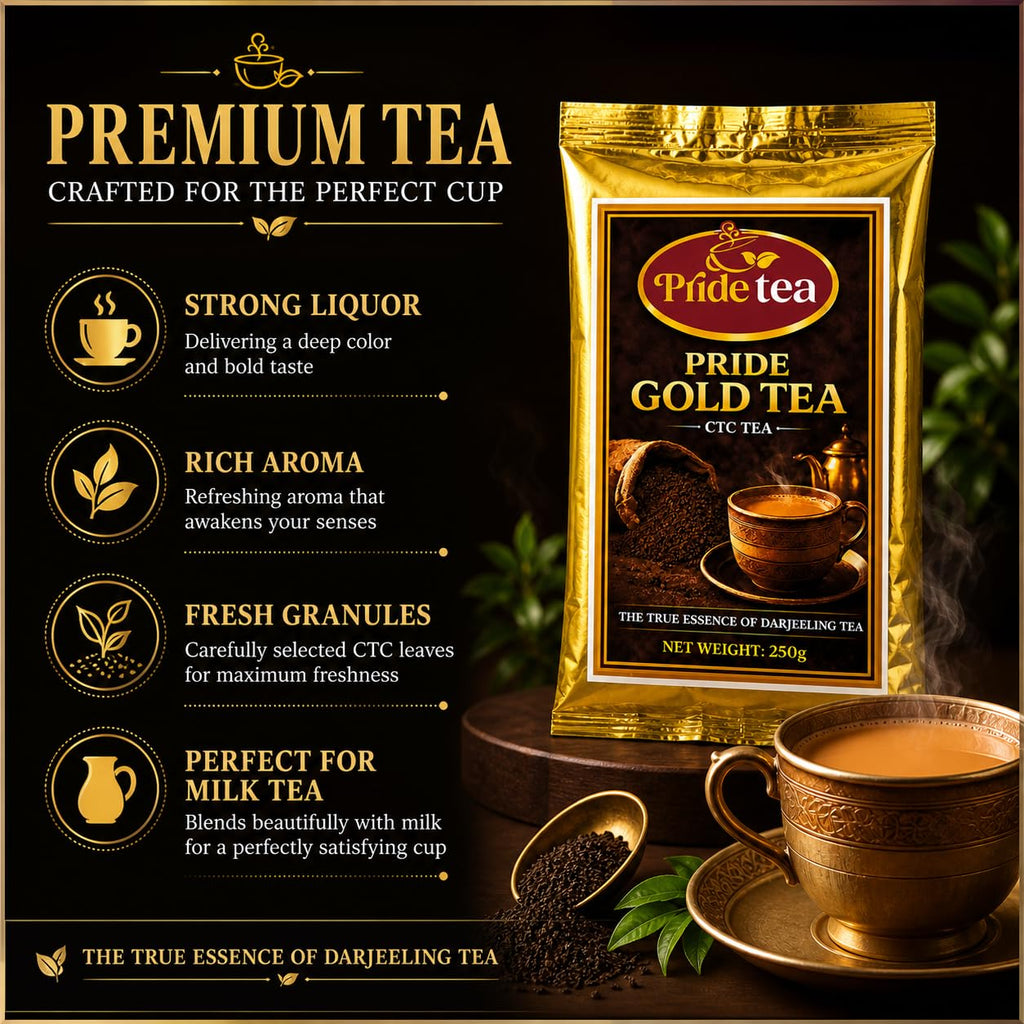 Pride Tea Gold CTC Tea – Strong, Aromatic, and Flavorful Darjeeling Blend – Ideal for Daily Chai with Rich Taste and Aroma – Gold CTC Granules Packed Fresh(250gm)