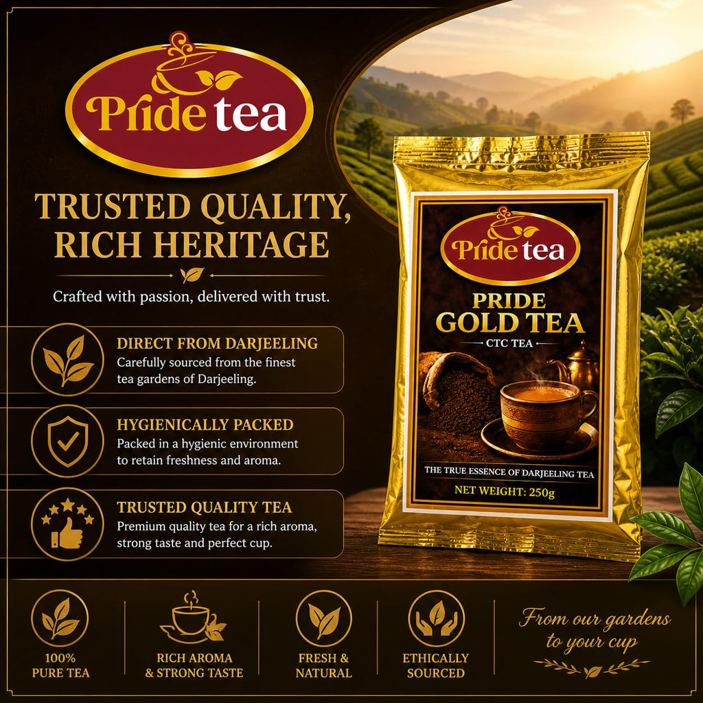 Pride Tea Gold CTC Tea – Strong, Aromatic, and Flavorful Darjeeling Blend – Ideal for Daily Chai with Rich Taste and Aroma – Gold CTC Granules Packed Fresh(250gm)
