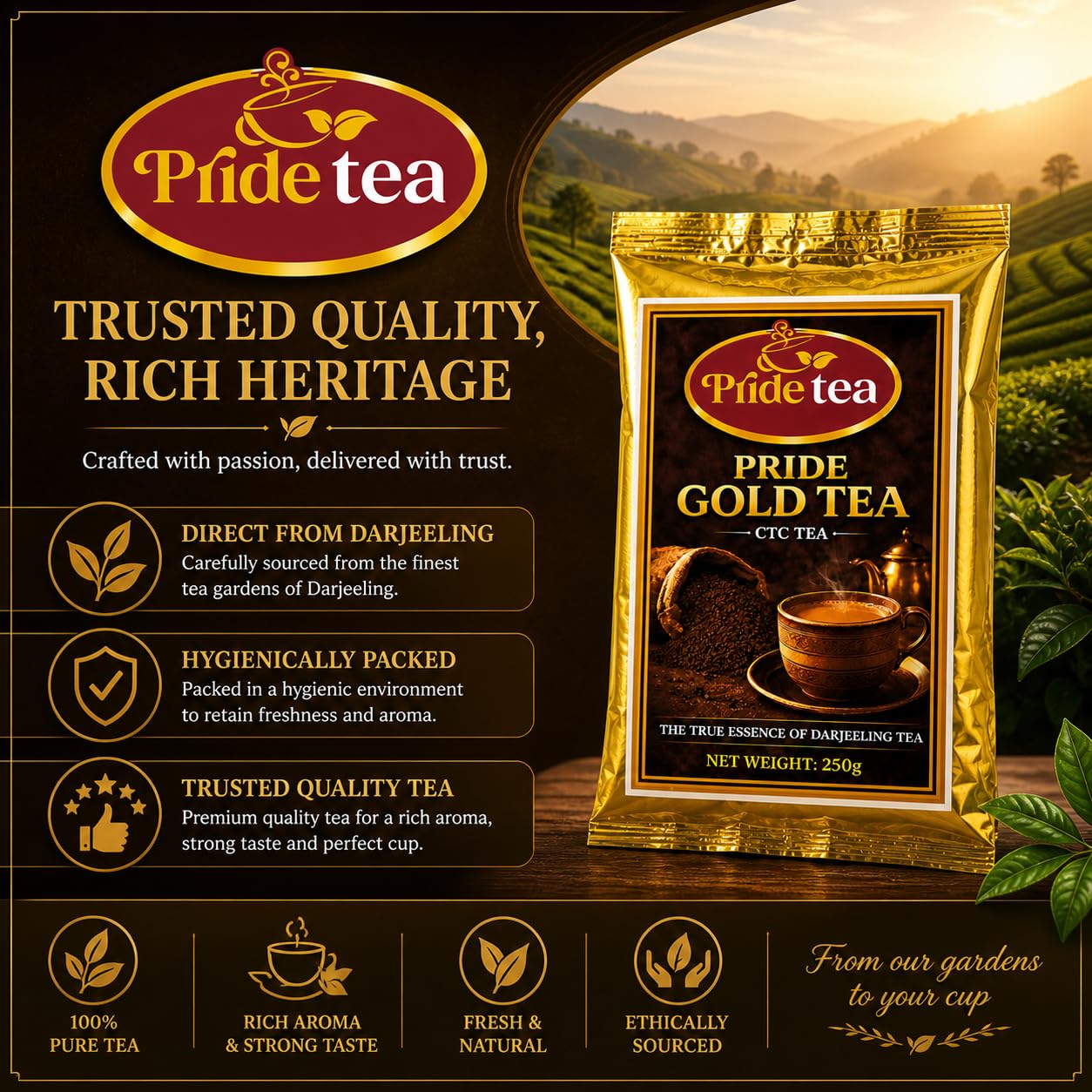 Pride Tea Gold CTC Tea – Strong, Aromatic, and Flavorful Darjeeling Blend – Ideal for Daily Chai with Rich Taste and Aroma – Gold CTC Granules Packed Fresh(250gm)