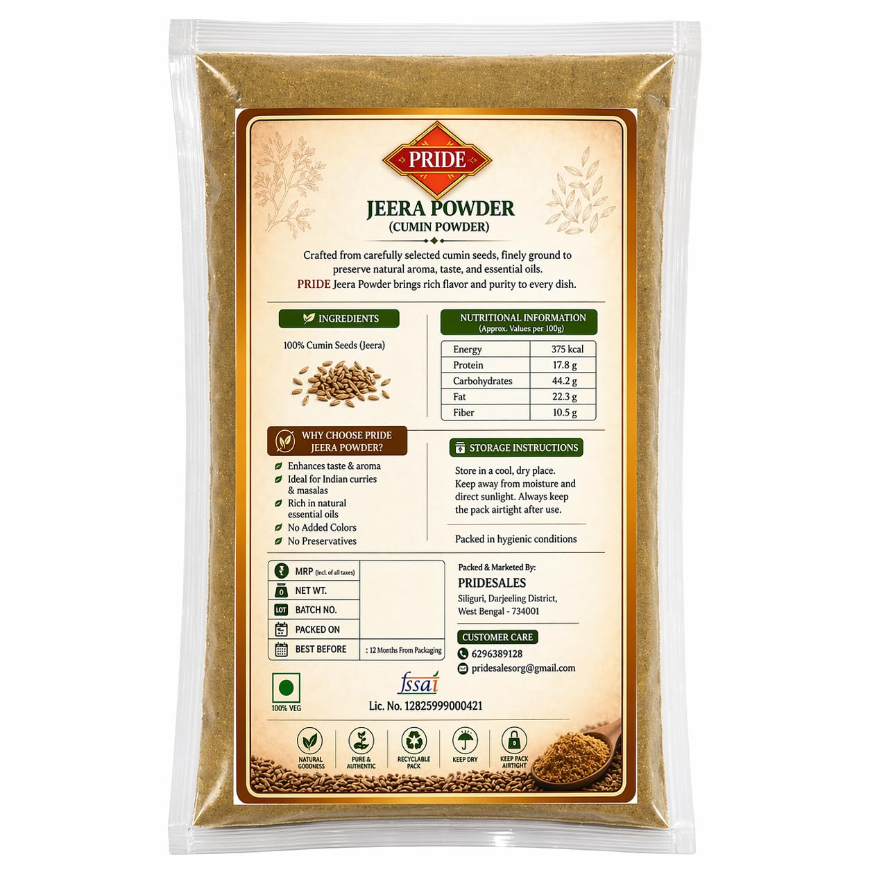 Pride Jeera Powder (Cumin Powder) | 100% Pure & Natural | Strong Aroma & Bold Flavor | Chemical-Free Spices for Cooking (150g)