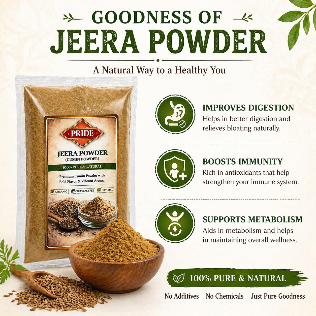 Pride Jeera Powder (Cumin Powder) | 100% Pure & Natural | Strong Aroma & Bold Flavor | Chemical-Free Spices for Cooking (150g)
