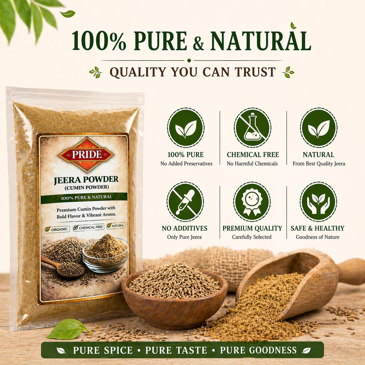 Pride Jeera Powder (Cumin Powder) | 100% Pure & Natural | Strong Aroma & Bold Flavor | Chemical-Free Spices for Cooking (250g)