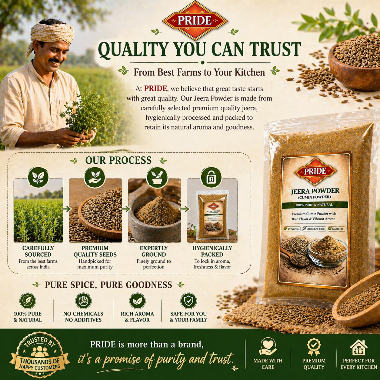 Pride Jeera Powder (Cumin Powder) | 100% Pure & Natural | Strong Aroma & Bold Flavor | Chemical-Free Spices for Cooking (100g)