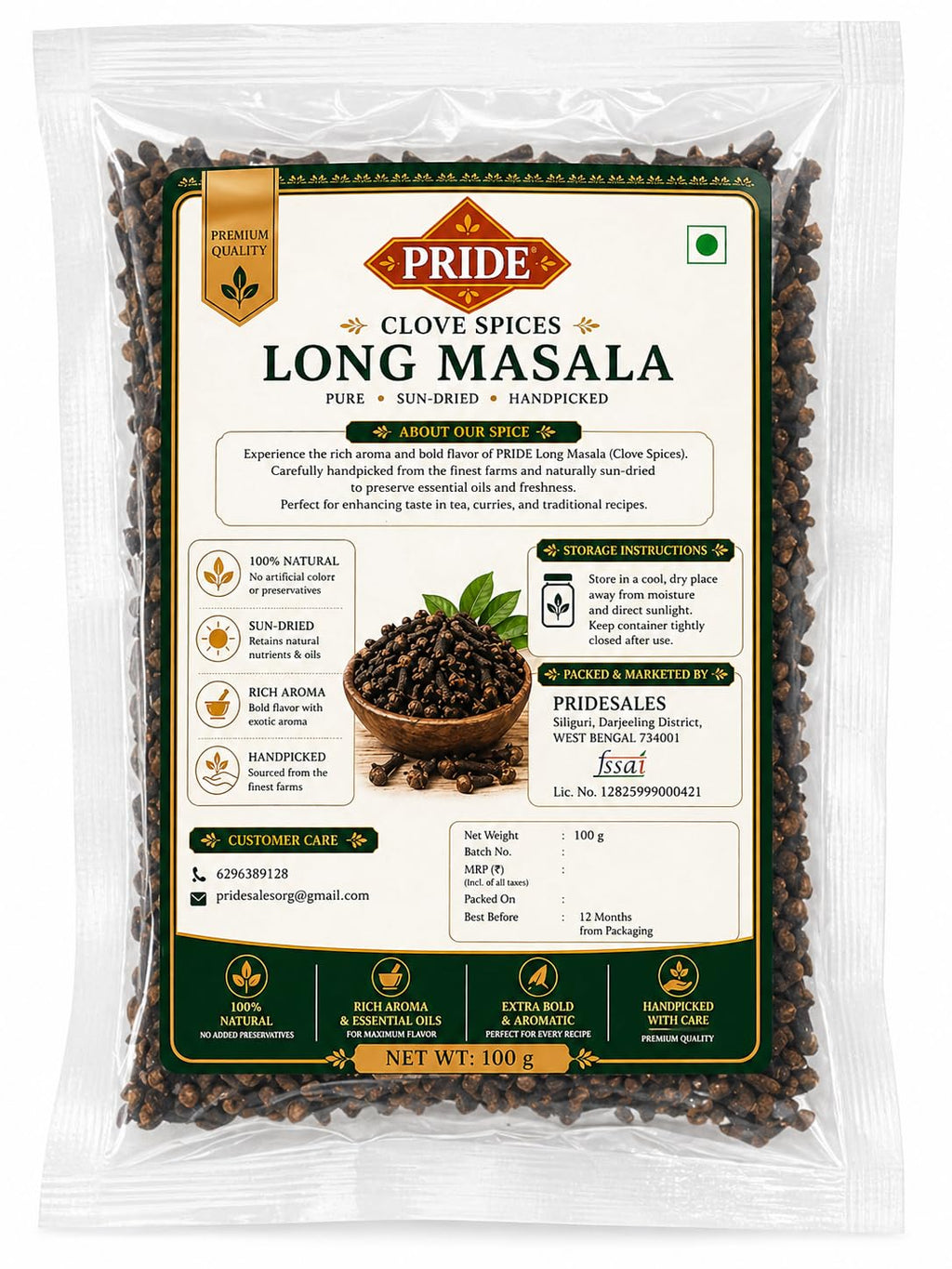 Pride Clove (Laung) Whole Spice | Premium Handpicked Long Masala | Strong Aroma & Essential Oils | 100% Natural, Sun-Dried Cloves for Cooking & Tea (100g)