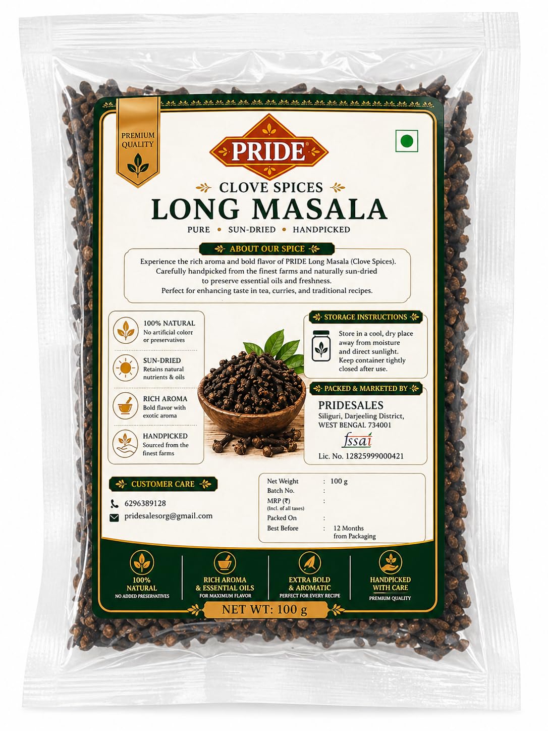 Pride Clove (Laung) Whole Spice | Premium Handpicked Long Masala | Strong Aroma & Essential Oils | 100% Natural, Sun-Dried Cloves for Cooking & Tea (100g)