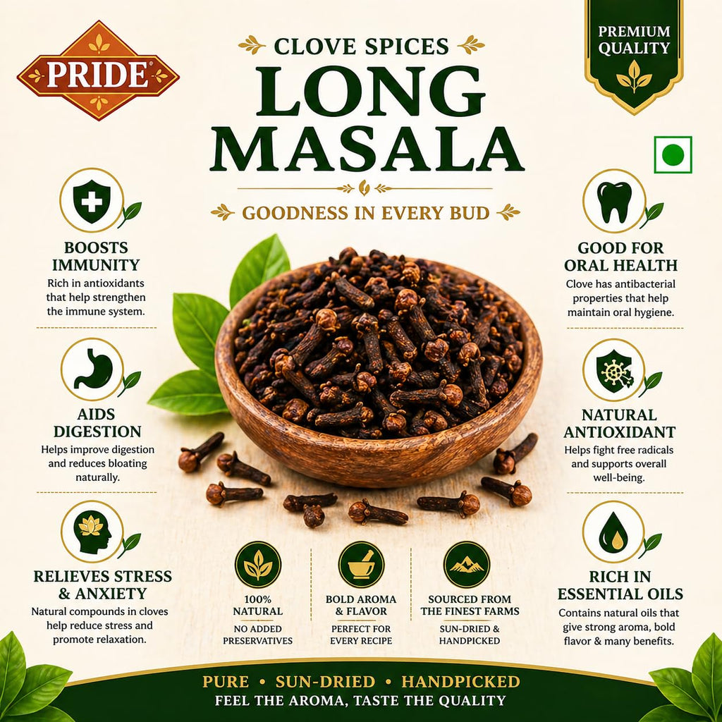 Pride Clove (Laung) Whole Spice | Premium Handpicked Long Masala | Strong Aroma & Essential Oils | 100% Natural, Sun-Dried Cloves for Cooking & Tea (100g)