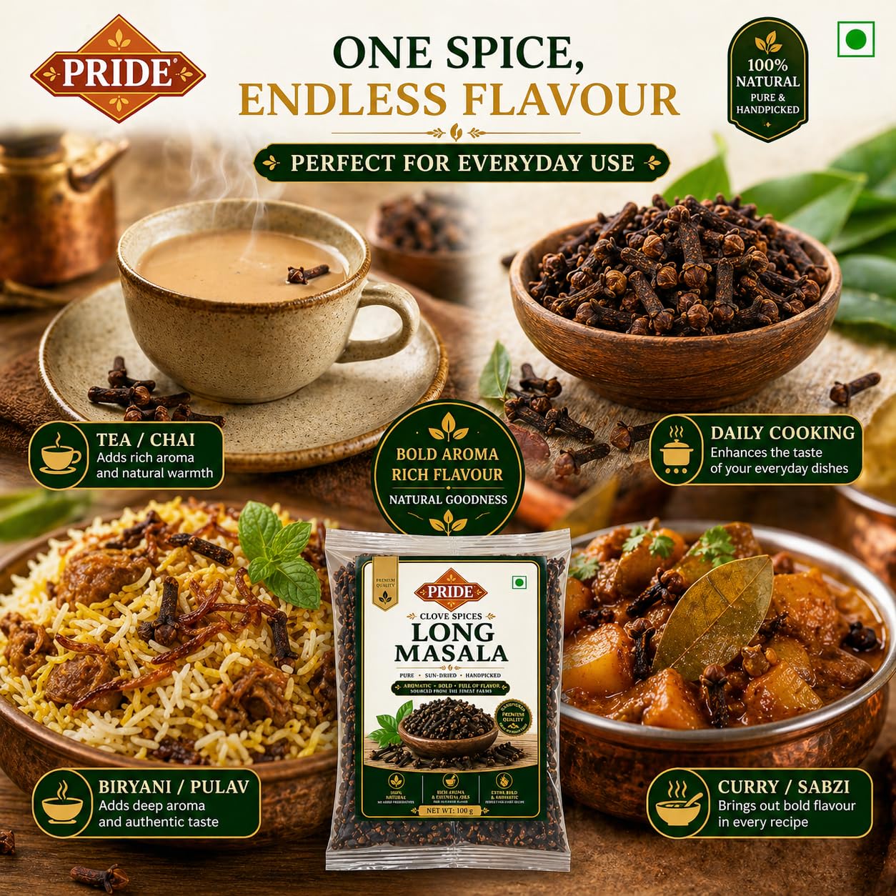 Pride Clove (Laung) Whole Spice | Premium Handpicked Long Masala | Strong Aroma & Essential Oils | 100% Natural, Sun-Dried Cloves for Cooking & Tea (100g)