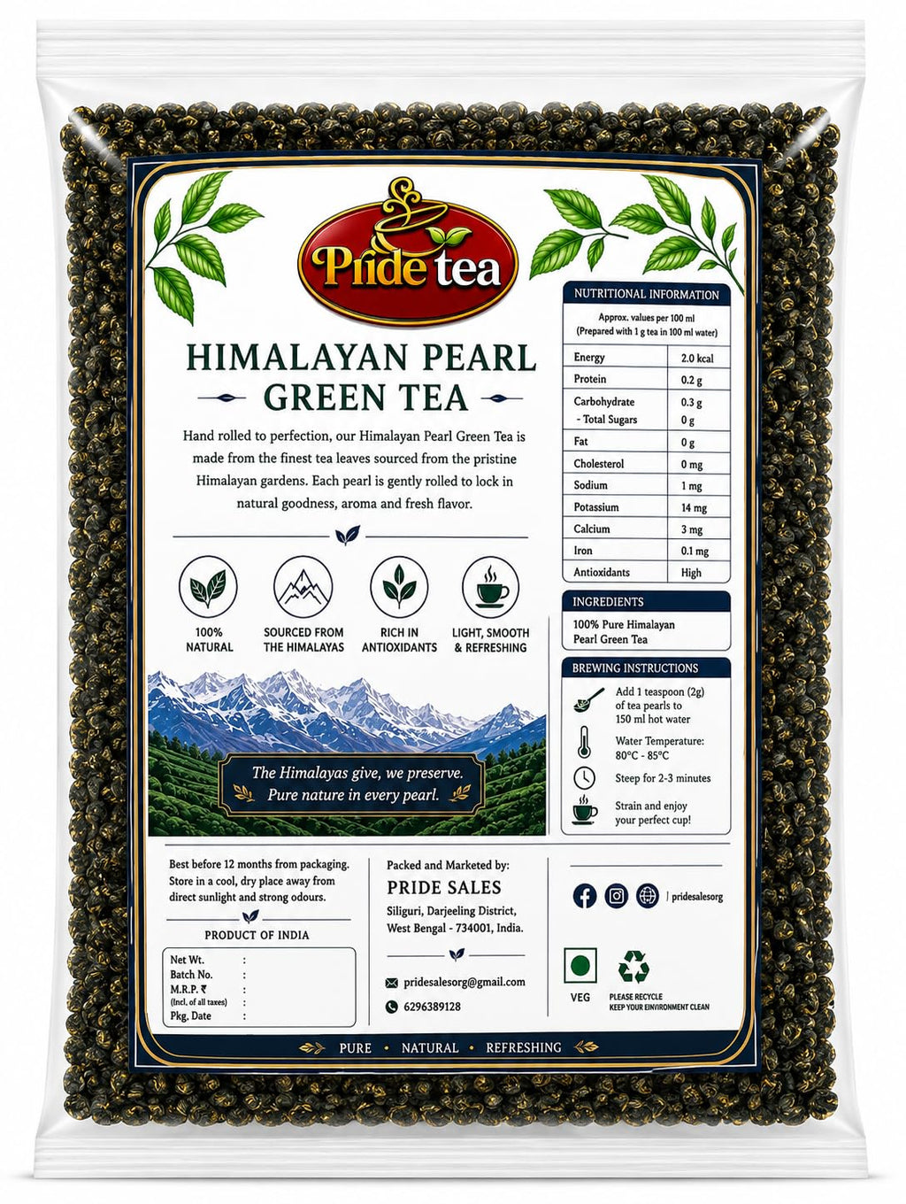 Pride Tea Himalayan Pearl Green Tea | Hand Rolled Loose Leaf Tea (250g)