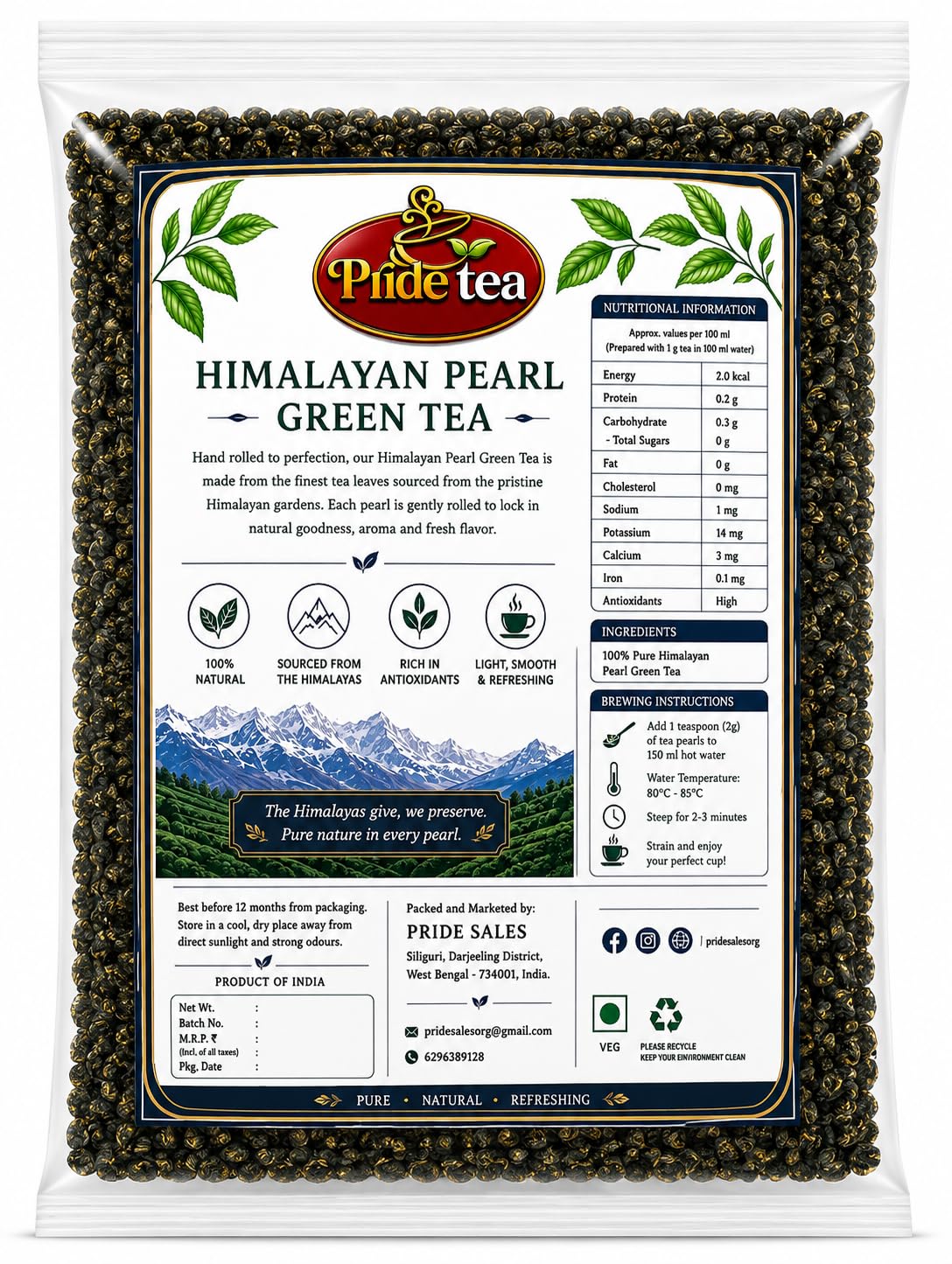 Pride Tea Himalayan Pearl Green Tea | Hand Rolled Loose Leaf Tea (250g)