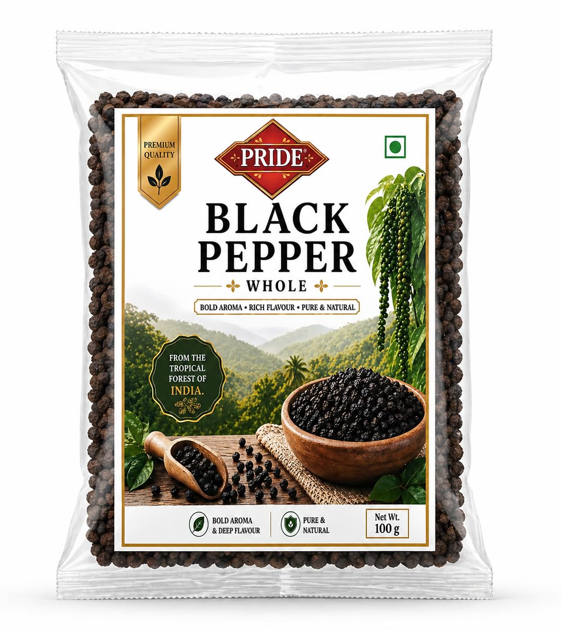 Pride Whole Black Pepper (Kali Mirch) | Premium Quality Whole Peppercorns | Bold Aroma & Rich Flavour | Pure & Natural Spices | Ideal for Cooking, Grinding & Seasoning (100g)