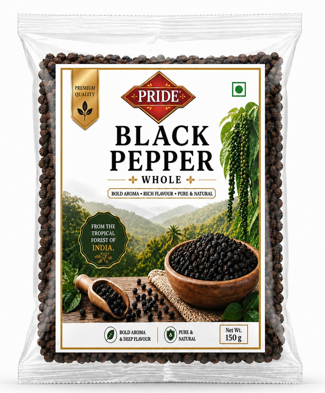 Pride Whole Black Pepper (Kali Mirch) | Premium Quality Whole Peppercorns | Bold Aroma & Rich Flavour | Pure & Natural Spices | Ideal for Cooking, Grinding & Seasoning (150g)