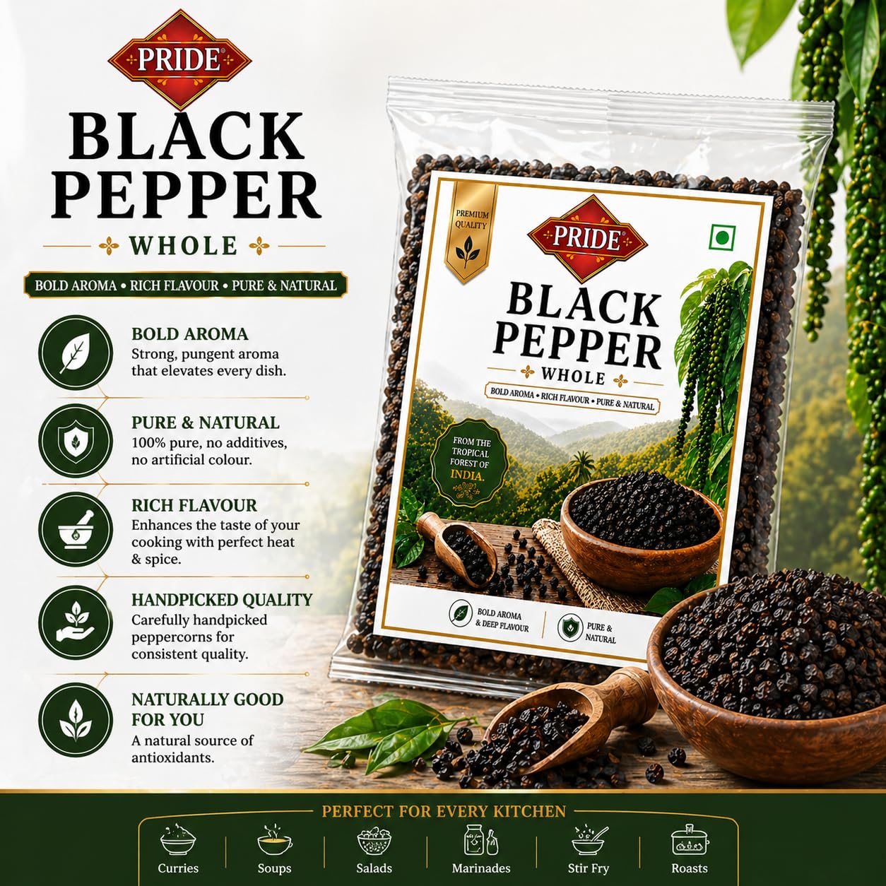Pride Whole Black Pepper (Kali Mirch) | Premium Quality Whole Peppercorns | Bold Aroma & Rich Flavour | Pure & Natural Spices | Ideal for Cooking, Grinding & Seasoning (150g)