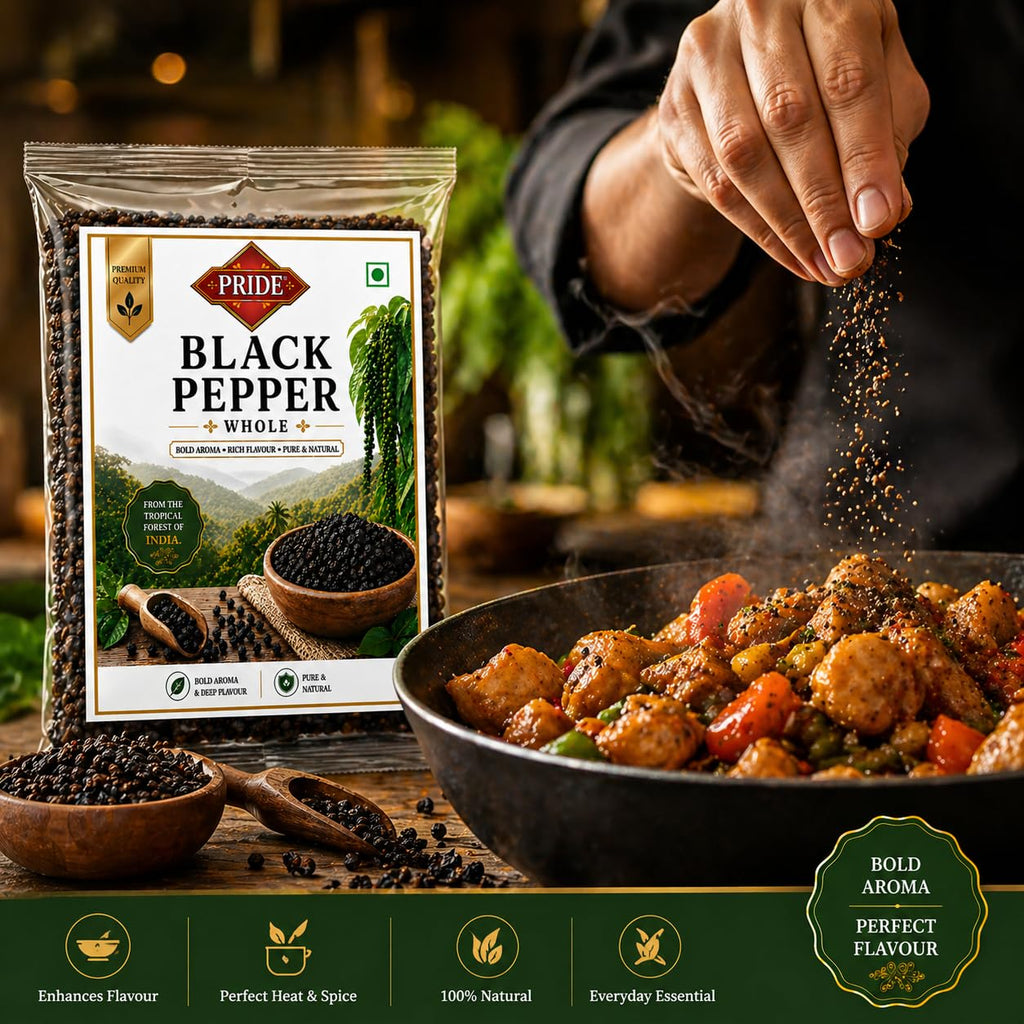 Pride Whole Black Pepper (Kali Mirch) | Premium Quality Whole Peppercorns | Bold Aroma & Rich Flavour | Pure & Natural Spices | Ideal for Cooking, Grinding & Seasoning (200g)