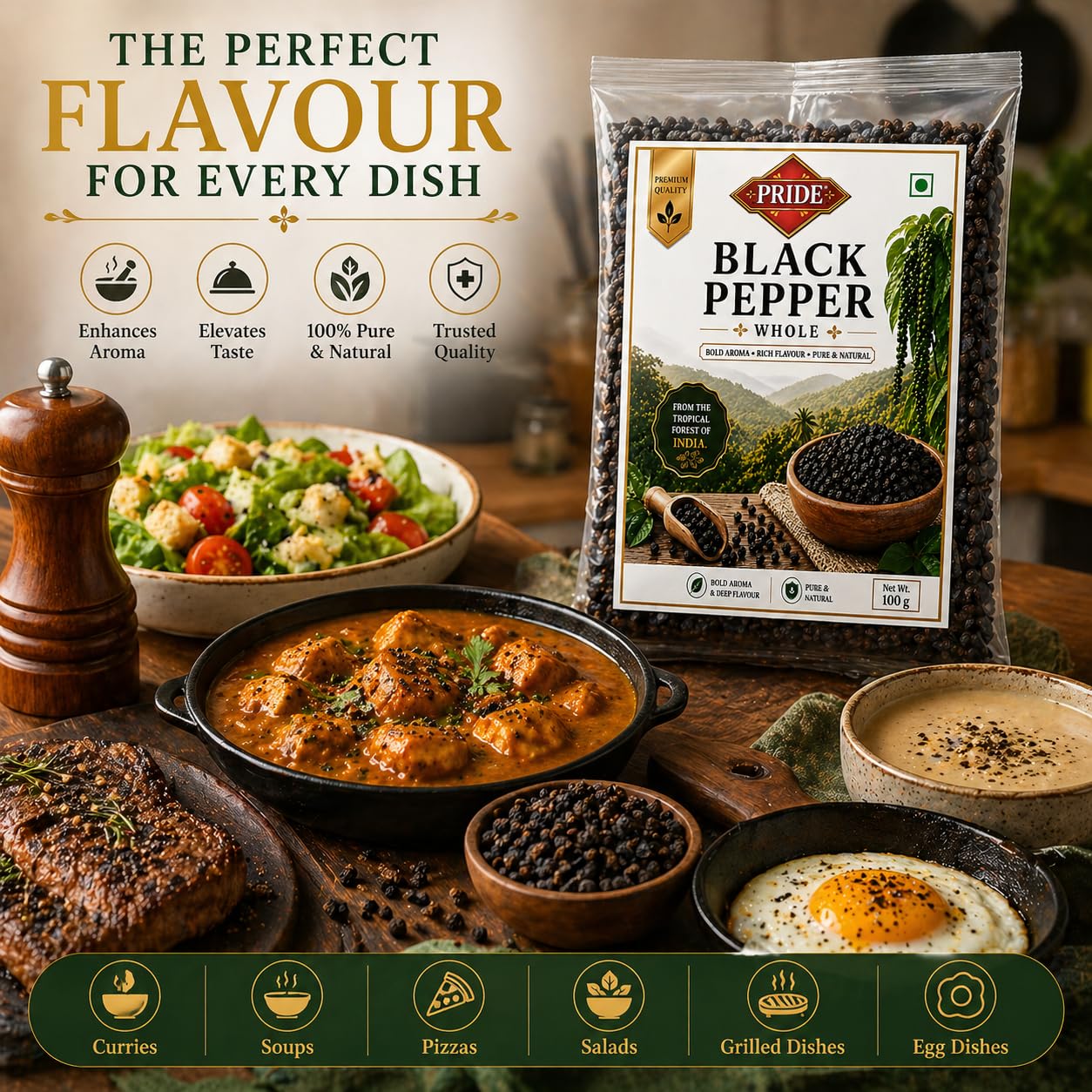 Pride Whole Black Pepper (Kali Mirch) | Premium Quality Whole Peppercorns | Bold Aroma & Rich Flavour | Pure & Natural Spices | Ideal for Cooking, Grinding & Seasoning (150g)