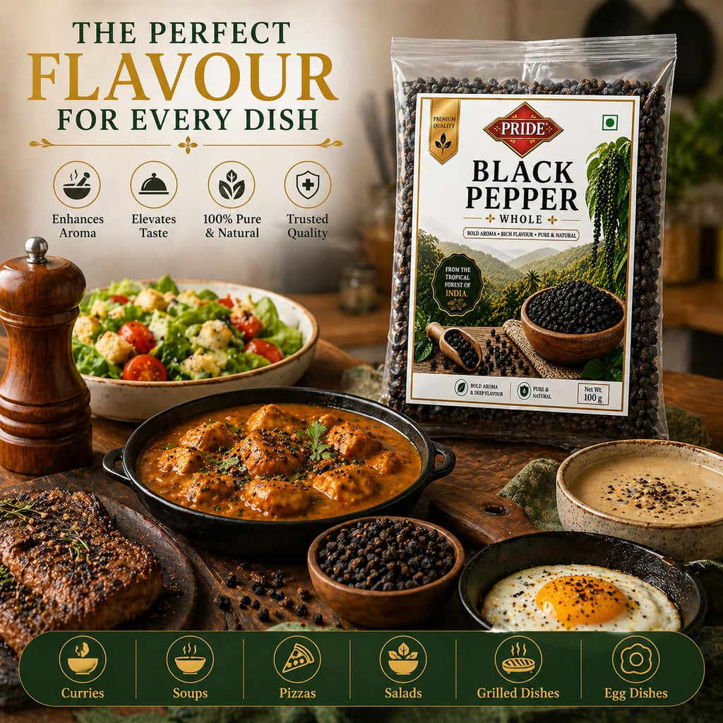 Pride Whole Black Pepper (Kali Mirch) | Premium Quality Whole Peppercorns | Bold Aroma & Rich Flavour | Pure & Natural Spices | Ideal for Cooking, Grinding & Seasoning (100g)