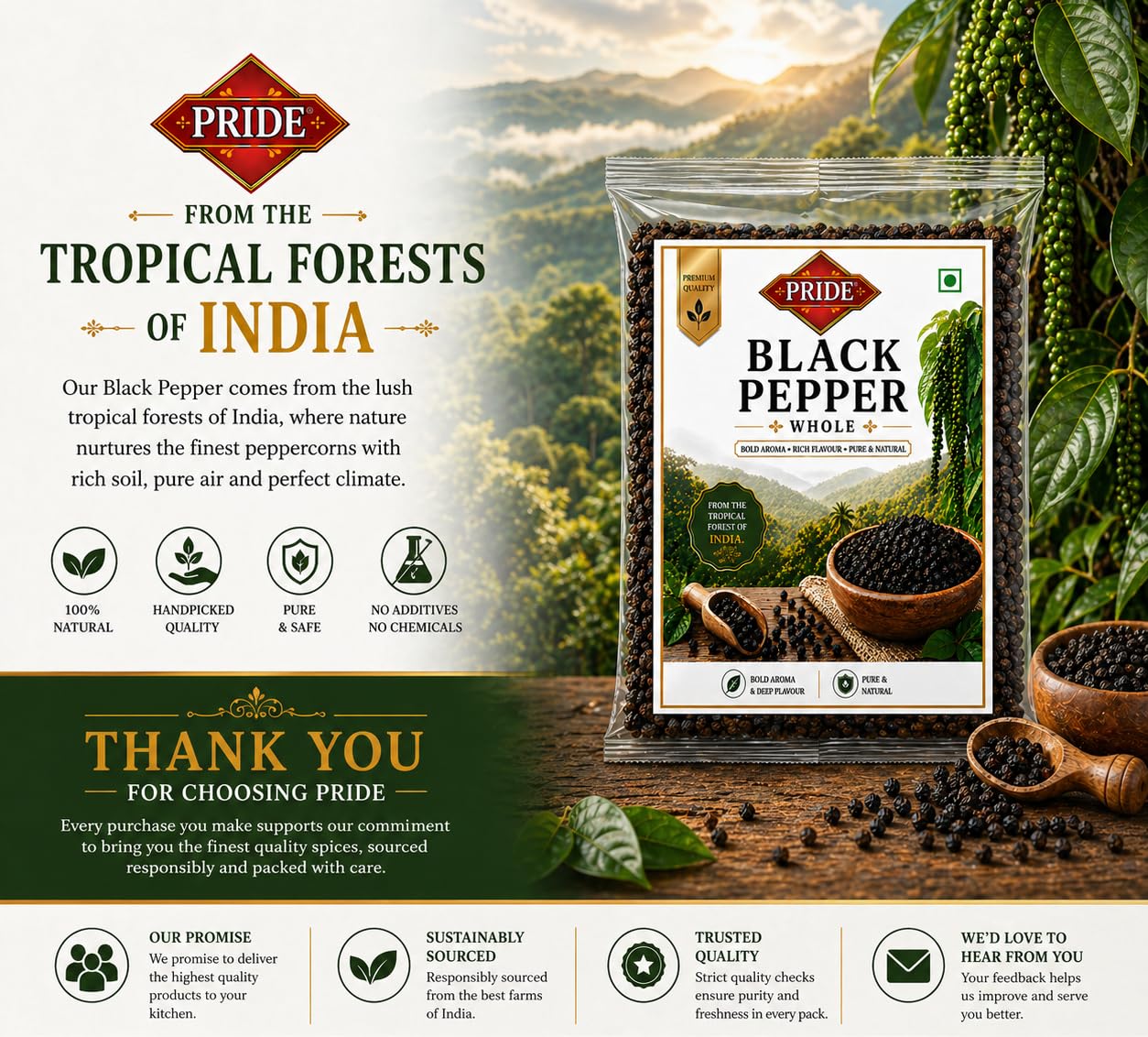 Pride Whole Black Pepper (Kali Mirch) | Premium Quality Whole Peppercorns | Bold Aroma & Rich Flavour | Pure & Natural Spices | Ideal for Cooking, Grinding & Seasoning (200g)